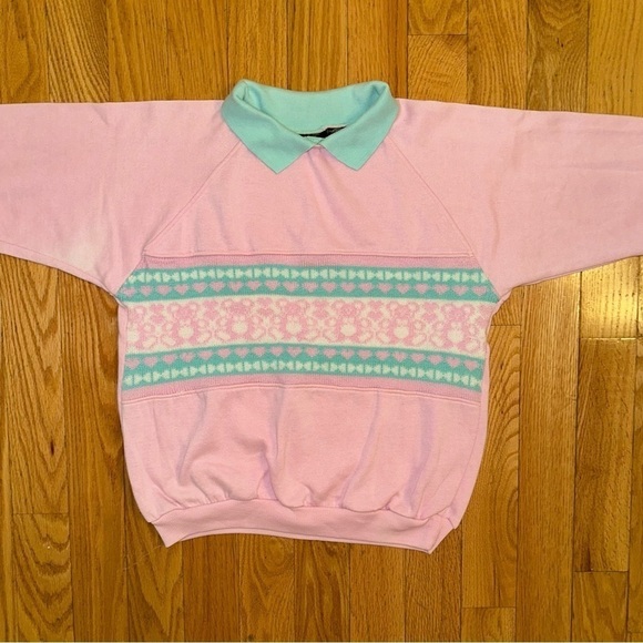 Vintage Gitano Collared Sweatshirt Teddy Bear Hearts Nordic Print M pink 80s - Picture 3 of 7